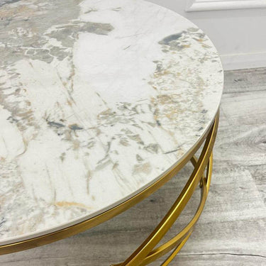 Elegant Spiro Round Coffee Table With Gold Metal Frame and Pandora Sintered Stone Top, 80cm - UK Luxury Furniture